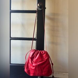Lovely Vintage 80’s 90’s Red Leather Drawstring Shoulder Handbag
